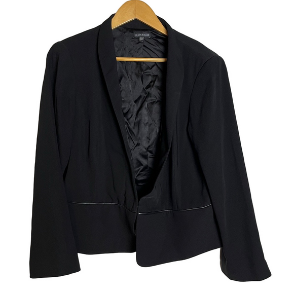 Eileen Fisher Open Front Blazer Silk Lined Black Womens L Quiet Luxury Preppy - Picture 3 of 16
